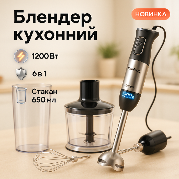 Багатофункціональний блендер 6в1 Rainberg RB-2293 1200 Вт кухонний подрібнювач ручний блендер міксер Black