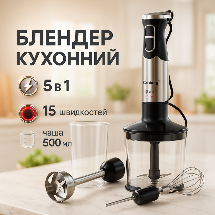 Блендер 5в1 Rainberg RB-2307 багатофункціональний занурювальний та стаціонарний Black