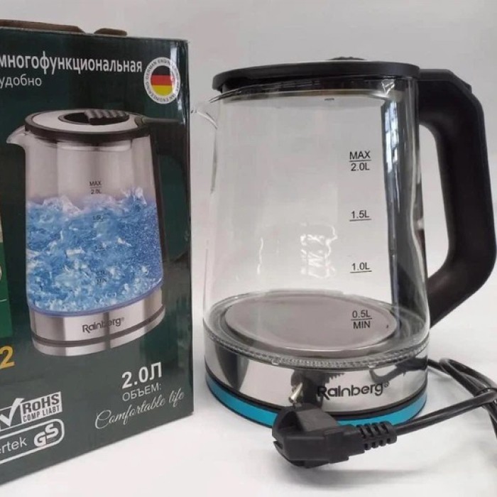 Чайник електричний скляний електрочайник з LED підсвічуванням Rainberg RB-2262 2л 2200Вт JI-17