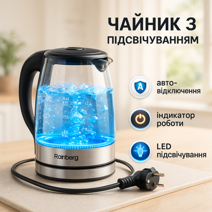 Чайник електричний скляний електрочайник з LED підсвічуванням Rainberg RB-2262 2л 2200Вт