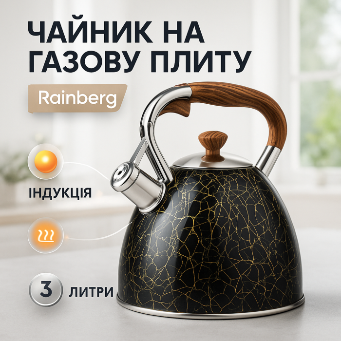 Чайник для чайної церемонії зі свистком Rainberg RB-2311 3л, Чайник з нержавіючої сталі з пищалкою WI-59