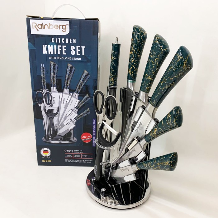 Набір кухонних ножів Rainberg RB-2499 8 предметів на підставці, що обертається Green ZB-21