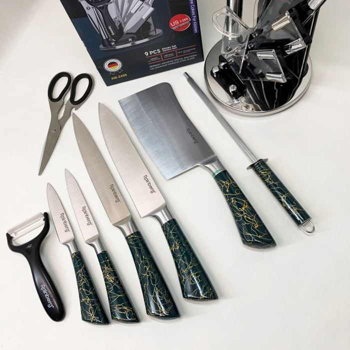 Набір кухонних ножів Rainberg RB-2499 8 предметів на підставці, що обертається Green ZB-21