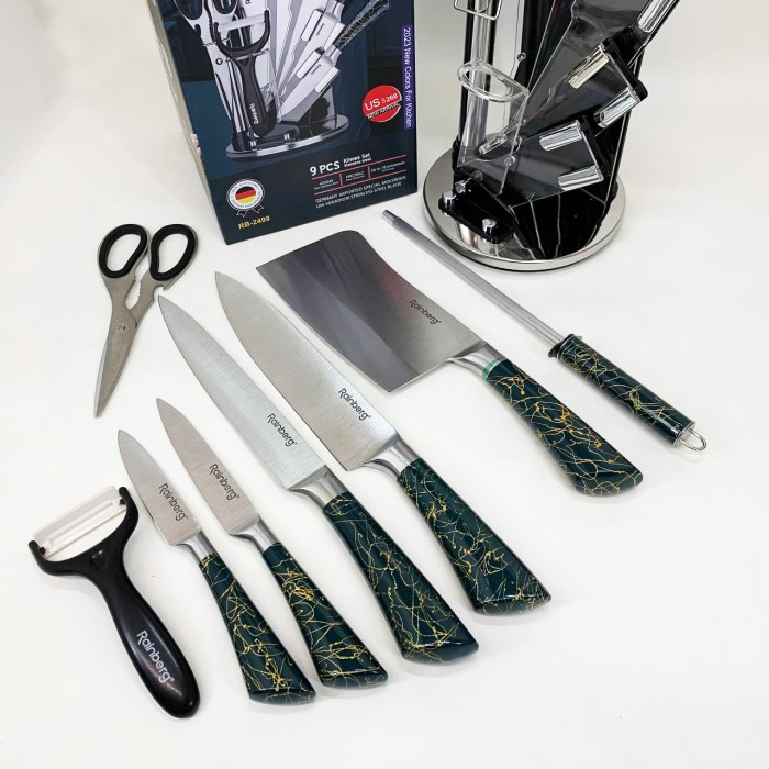 Набір кухонних ножів Rainberg RB-2499 8 предметів на підставці, що обертається Green ZB-21