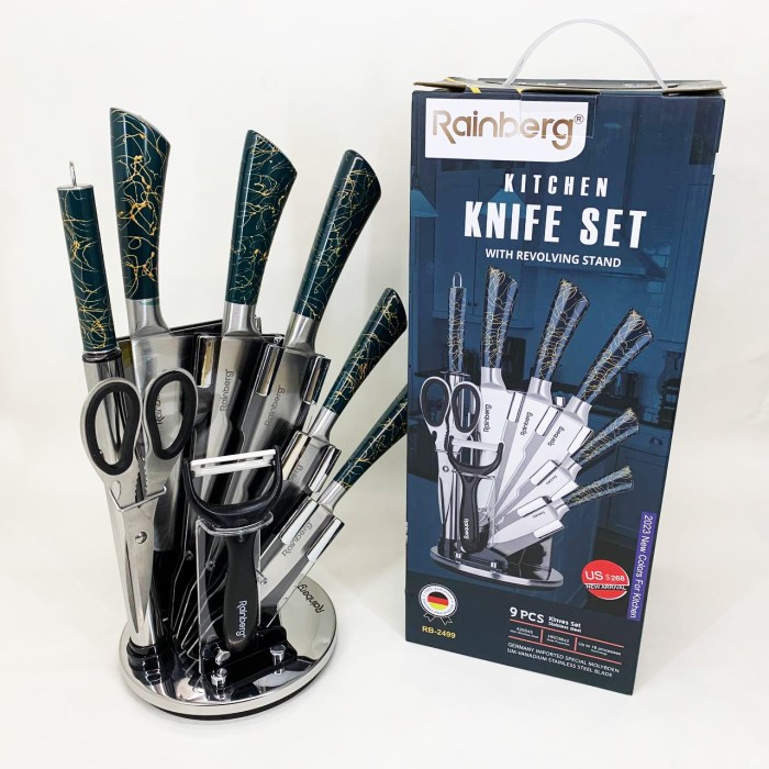 Набір кухонних ножів Rainberg RB-2499 8 предметів на підставці, що обертається Green ZB-21