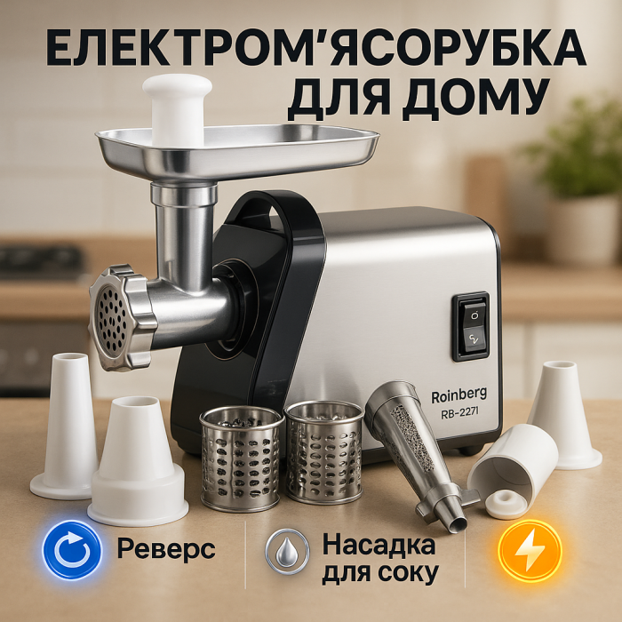 М'ясорубка електрична Rainberg RB-2271 3800Вт з насадкою для томатів та шатківницею