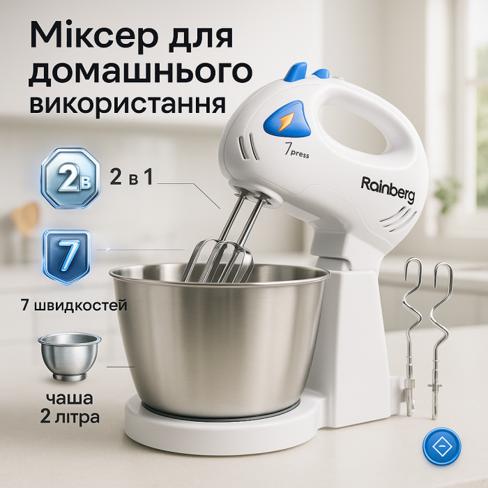 Стаціонарний електричний міксер із чашею Rainberg RB-1006 500W з насадками для замішування тіста Blue