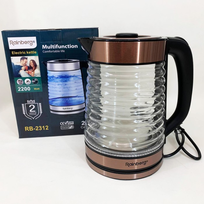 Електрочайник Rainberg RB-2312 скляний дисковий чайник 2.2л 2200Вт Brown IP-72