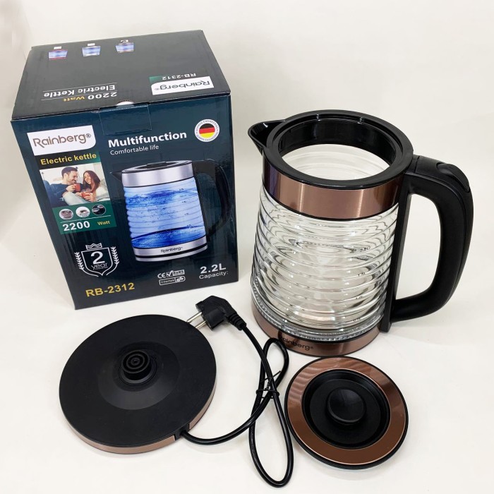 Електрочайник Rainberg RB-2312 скляний дисковий чайник 2.2л 2200Вт Brown IP-72
