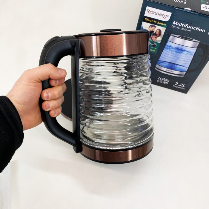 Електрочайник Rainberg RB-2312 скляний дисковий чайник 2.2л 2200Вт Brown IP-72