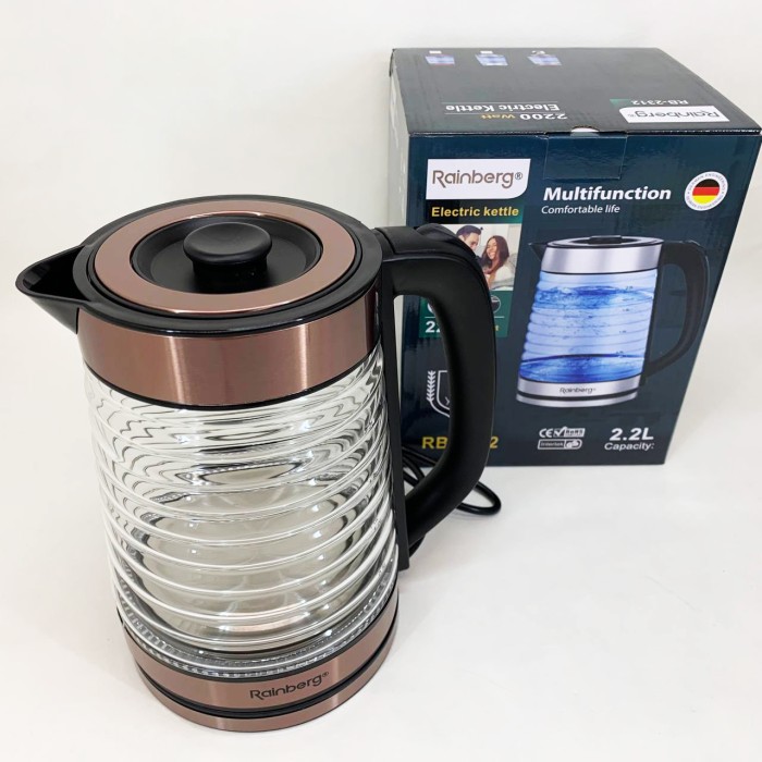 Електрочайник Rainberg RB-2312 скляний дисковий чайник 2.2л 2200Вт Brown IP-72