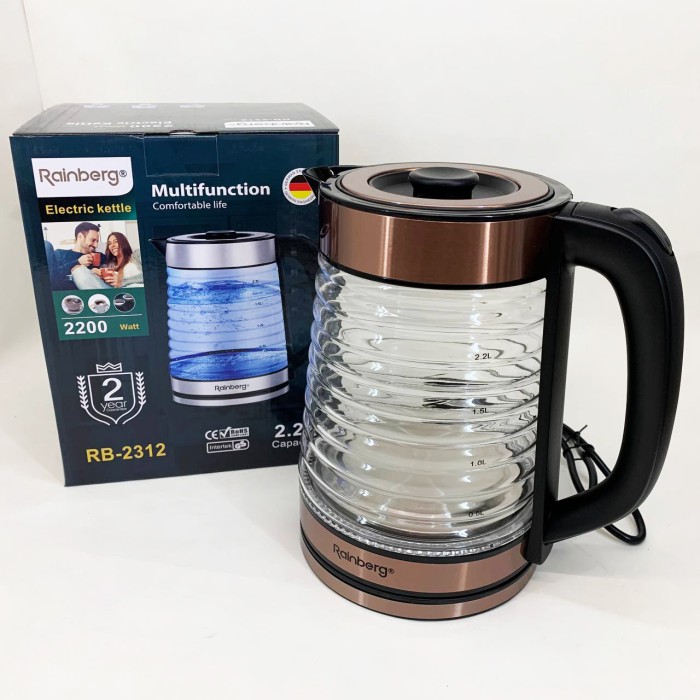 Електрочайник Rainberg RB-2312 скляний дисковий чайник 2.2л 2200Вт Brown IP-72