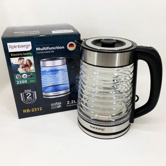 Електрочайник Rainberg RB-2312 скляний дисковий чайник 2.2л 2200Вт Silver VZ-29