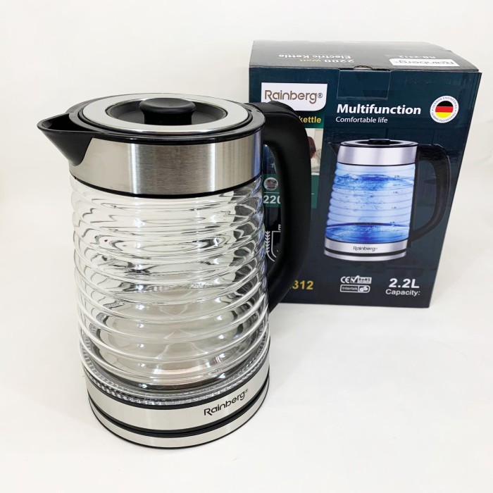 Електрочайник Rainberg RB-2312 скляний дисковий чайник 2.2л 2200Вт Silver VZ-29