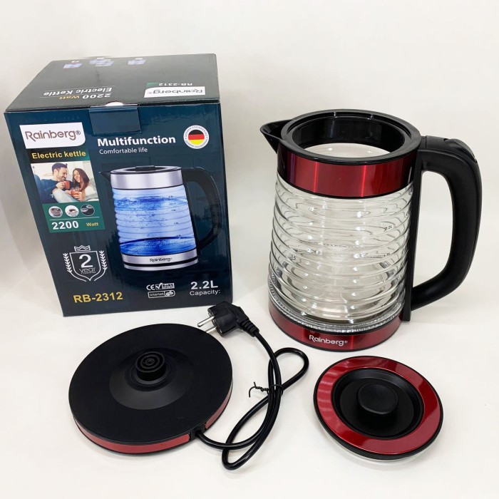 Електрочайник Rainberg RB-2312 скляний дисковий чайник 2.2л 2200Вт Red IX-44