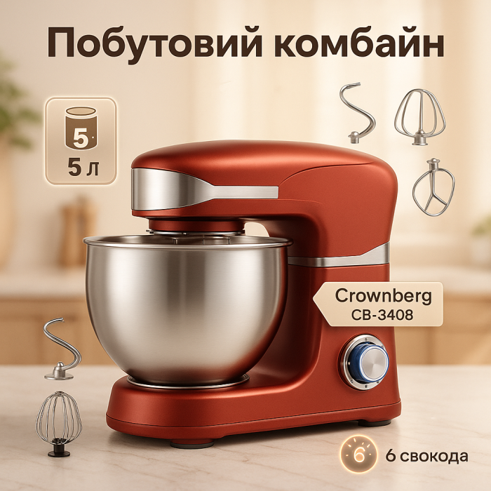 Міксер для 2600Вт Crownberg CB-3408 планетарний тістоміс з чашею 5л на 6 швидкостей з імпульсним режимом