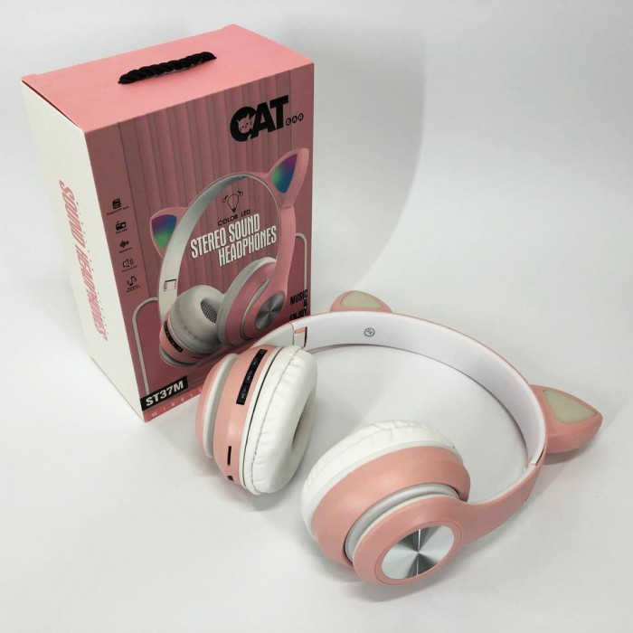 Навушники накладні бездротові ST37M зі котячими вушками, що світяться. Колір: рожевий UD-48