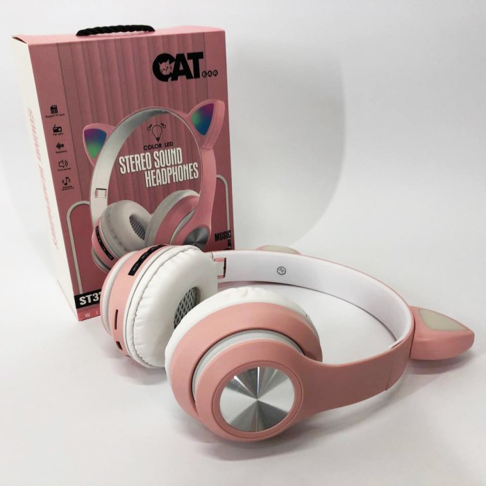 Навушники накладні бездротові ST37M зі котячими вушками, що світяться. Колір: рожевий UD-48