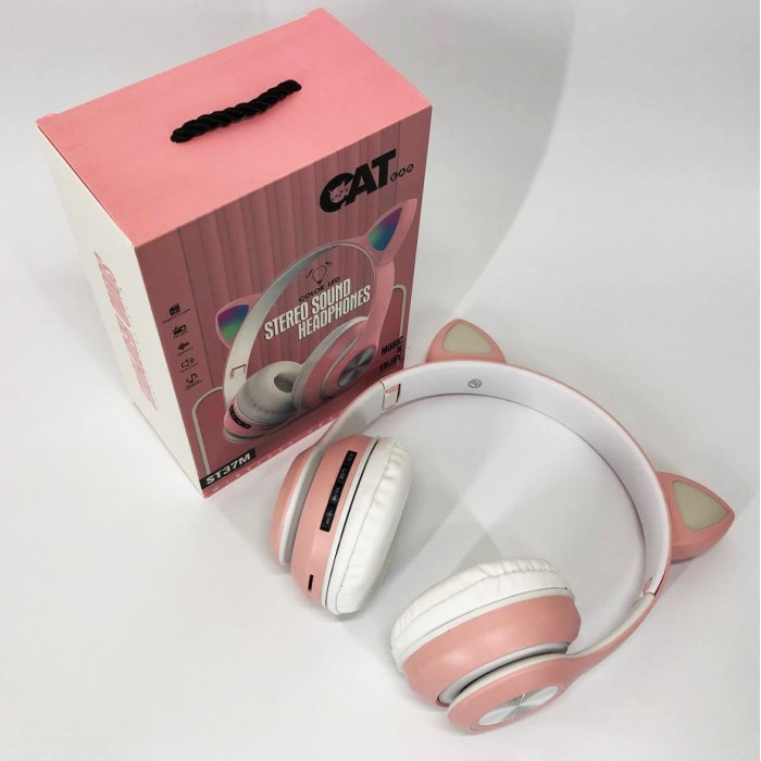 Навушники накладні бездротові ST37M зі котячими вушками, що світяться. Колір: рожевий UD-48