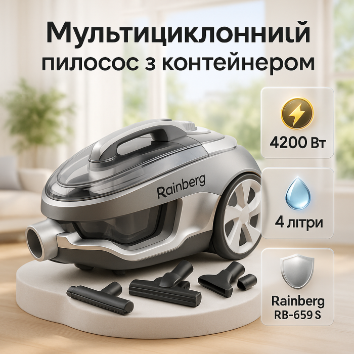 Побутовий пилосос Rainberg RB-659 S мультициклонного типу з контейнером 4л, 4200Вт