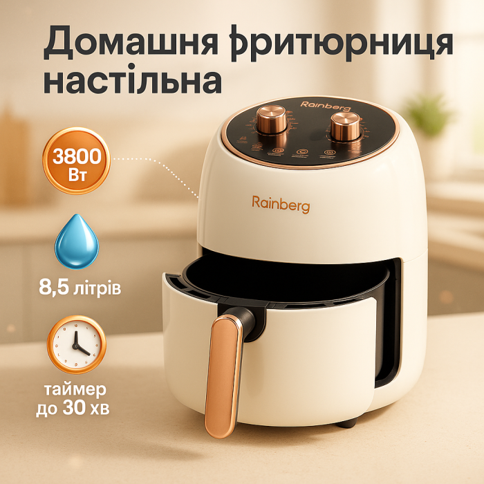 Електро Фритюрниця безмасляна Rainberg RB-2318 3800 Вт з знімним кошиком 8.5л до 30 хв White