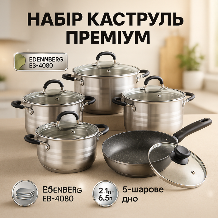 Набір посуду з кришками Edenberg EB-4080 із нержавіючої сталі 12 предметів 2.1л-6.5л