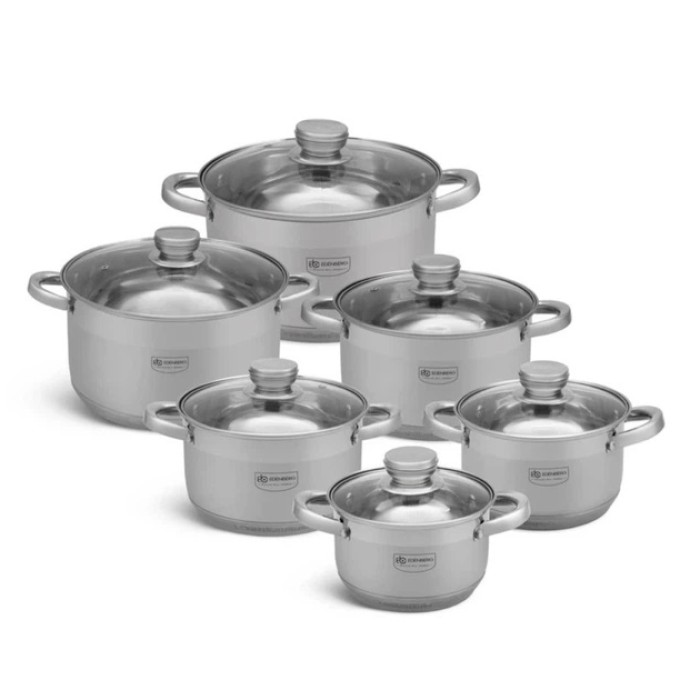 Набір каструль із сталі Edenberg EB-4036 12шт 2.1л–7.5л, 5-шарове капсульне дно, клепані ручки, індукція XD-27