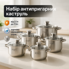 Набір каструль із сталі Edenberg EB-4036 12шт 2.1л–7.5л, 5-шарове капсульне дно, клепані ручки, індукція