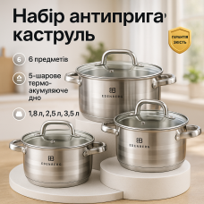 Набір посуду з нержавіючої сталі Edenberg EB-3741 зі скляними кришками 6 предметів