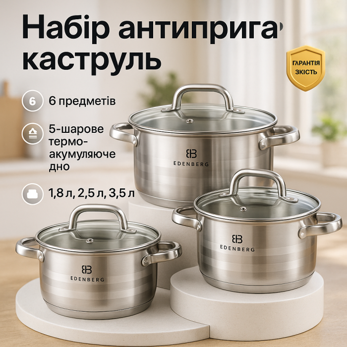 Набір посуду з нержавіючої сталі Edenberg EB-3741 зі скляними кришками 6 предметів