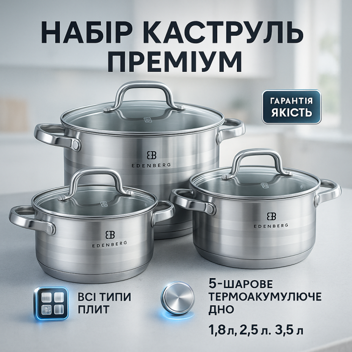 Набір посуду з нержавіючої сталі Edenberg EB-3741 зі скляними кришками 6 предметів