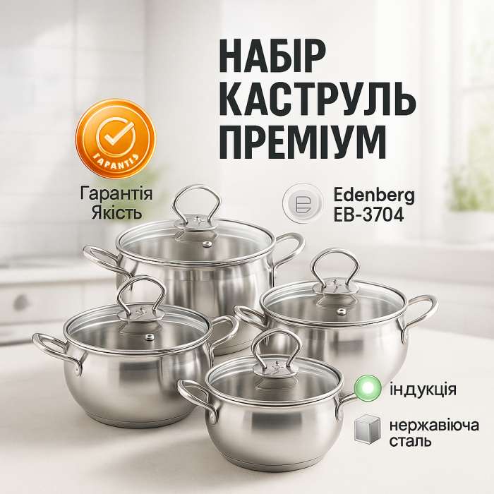 Набір посуду каструль із нержавіючої сталі Edenberg EB-3704 8 предметів з індукційним дном