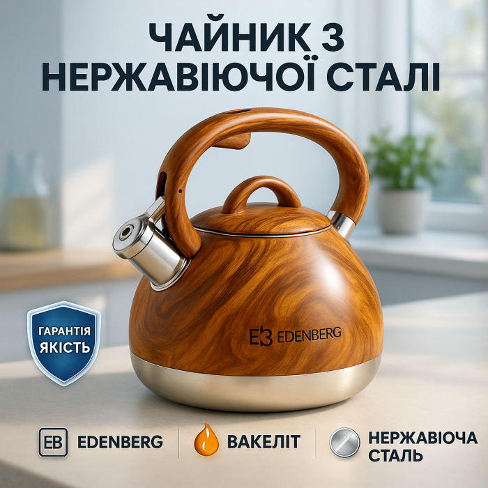 Чайник для води на газ Edenberg, Чайник з нержавіючої сталі якісний, Нержавіючі чайники зі свистком YC-14