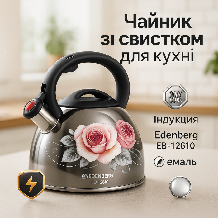 Емальований чайник Edenberg EB-12610 зі свистком та антипригарним покриттям 3л Flowers