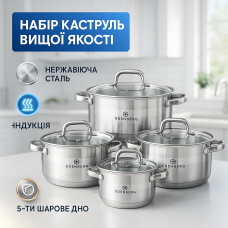 Набір посуду з нержавіючої сталі Edenberg EB-3742 зі скляними кришками 8 предметів