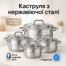 Набір посуду з нержавіючої сталі Edenberg EB-3742 зі скляними кришками 8 предметів