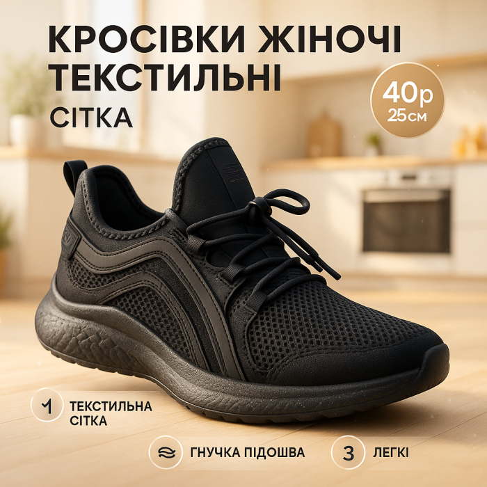 Літні жіночі кросівки чорного кольору з сітки 40р 26см