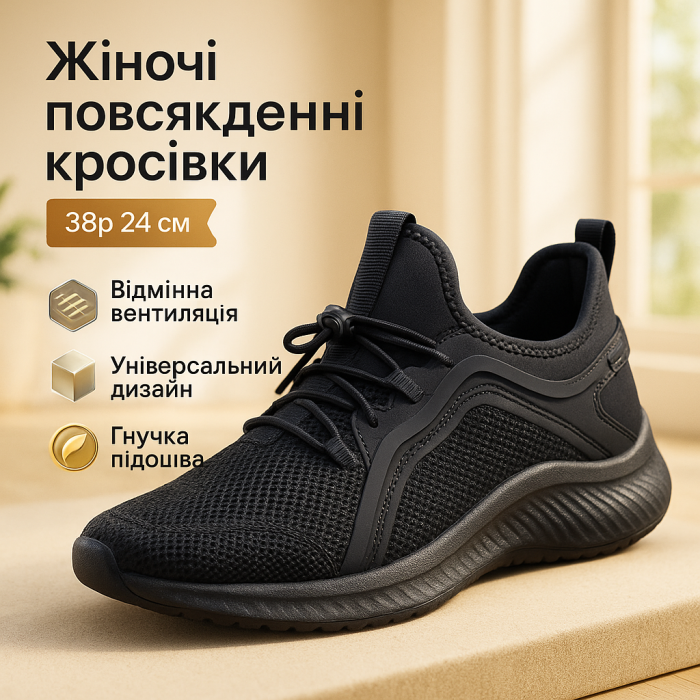 Літні жіночі кросівки чорного кольору з дихаючої сітки 38 розмір