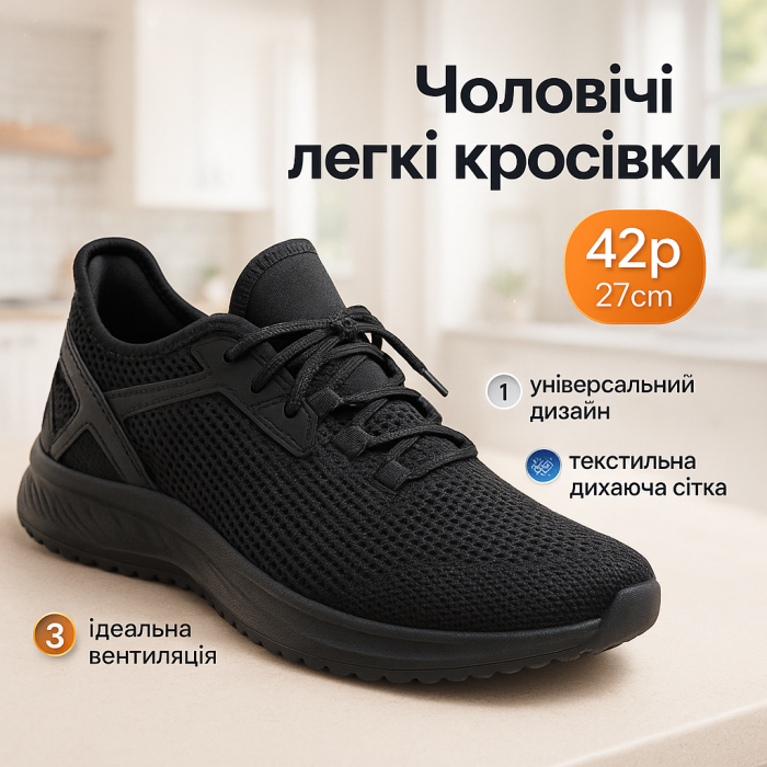Літні кросівки з дихаючої текстильної сітки чорні 42 розмір 27 см