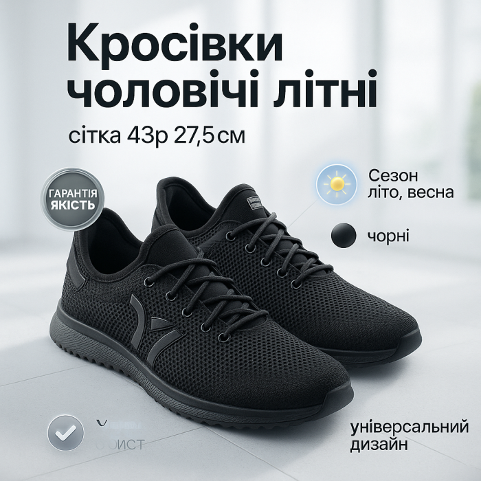 Літні кросівки з сітки чорного кольору розмір 43 для зручності та вентиляції