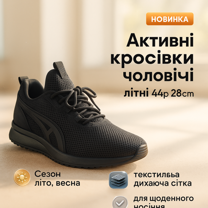 Літні чорні кросівки з сітчастим верхом і гнучкою підошвою 44р 28см