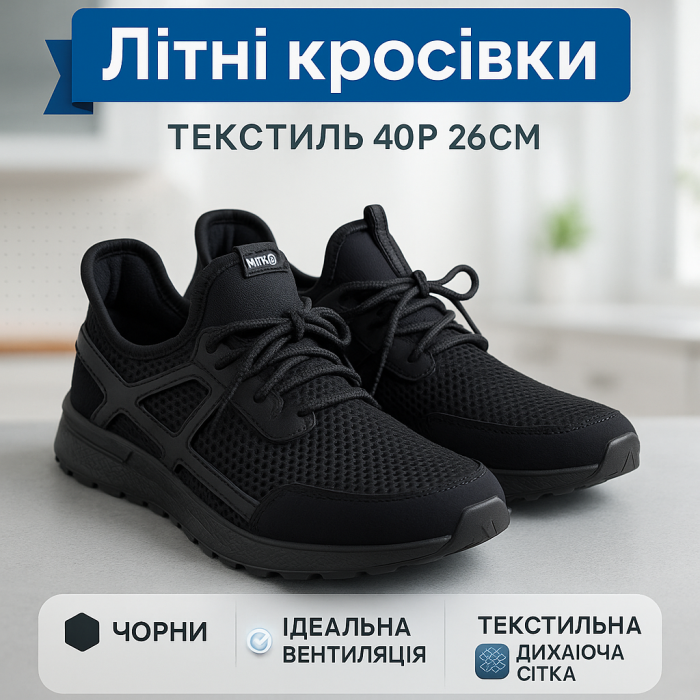 Літні кросівки чорного кольору з сіткою та шнурівкою, розмір 40