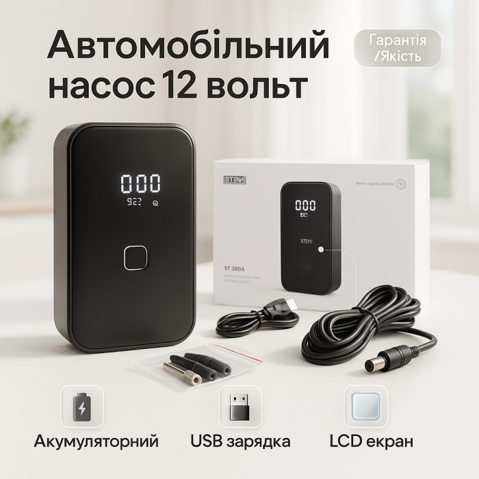Акумуляторний повітряний компресор 12В з екраном для авто та спорту