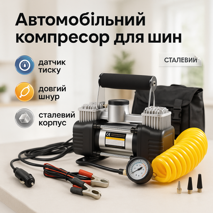 Автомобільний компресор двопоршневий 12V з манометром та насадками