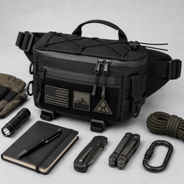 Тактична сумка-бананка через плече чорна з Cordura 1000D, поясна чоловіча сумка з VELCRO та карабіном