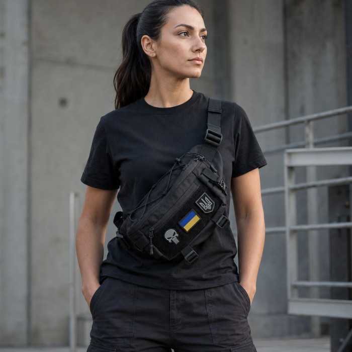 Тактична сумка-бананка через плече чорна з Cordura 1000D, поясна чоловіча сумка з VELCRO та карабіном