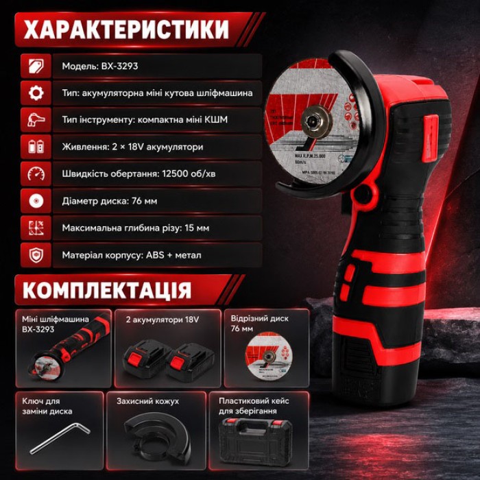 Акумуляторна міні шліфмашина Boxer BX-3293 АКБ 2x18V швидкість обертання 12500 об/хв діаметр диска 76мм