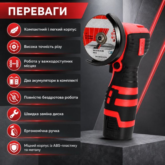 Акумуляторна міні шліфмашина Boxer BX-3293 АКБ 2x18V швидкість обертання 12500 об/хв діаметр диска 76мм