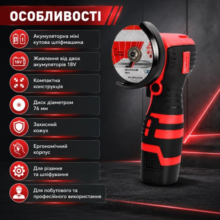 Акумуляторна міні шліфмашина Boxer BX-3293 АКБ 2x18V швидкість обертання 12500 об/хв діаметр диска 76мм