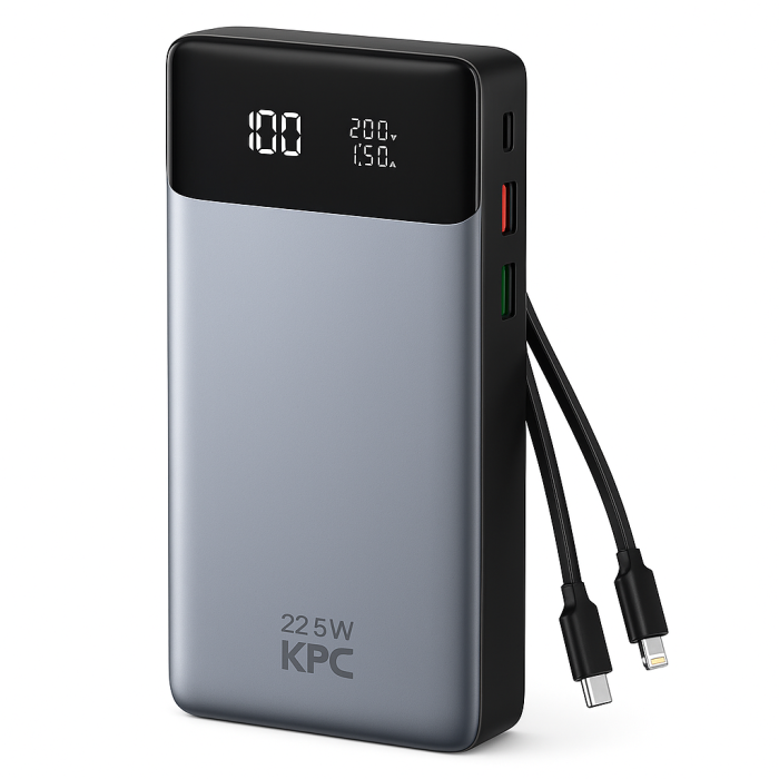 Павербанк KP KPG-307 22.5W 30000 mAh з вбудованими кабелями Type-C та Lightning швидка зарядка